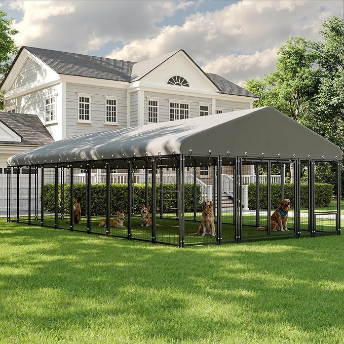 10X20FT Dog Kennel Outside Double Door Dog Kennel Outdoor with Feeding, Heavy Duty Outdoor Dog Crate Durable Dog Cage with Roof & Double Lock