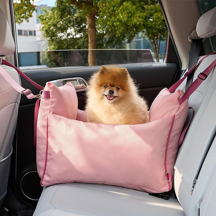 Lesure Small Dog Car Seat for Small Dogs -Soft Dog Booster Seat for Car with Storage Pocket and Clip-On Safety Leash and Thickened Memory Foam Filling, Pet Travel Carrier Bed Strawberry Cream