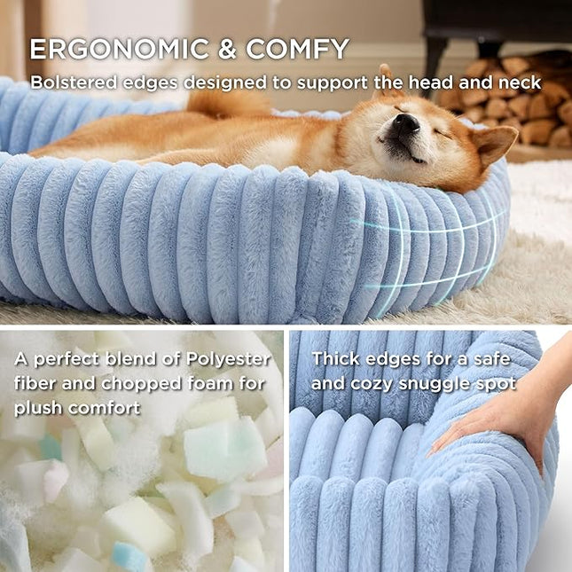 Bedsure Washable Dog Bed for Medium Dogs - Cute Furry Puppy Beds, Rectangle Orthopedic Corduroy Fleece Pet Beds with Removable Zipper Cover, 20x19x6inches, Blue