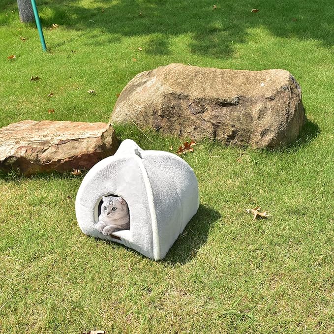 Cat Bed for Indoor Cats - Cat Cave Bed Cat House Cat Tent with Removable Washable Cushioned Pillow, Soft and Self Warming Kitten beds, Pet Bed（Large Grey）