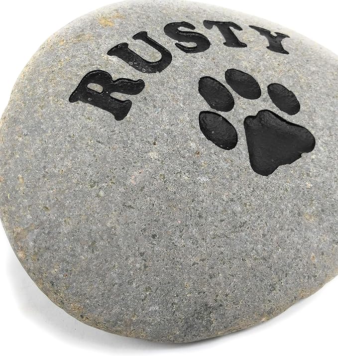 Personalized River Stone Pet Memorial Stones Headstone Grave Marker for Dog or Cat 8 inches to 10 inches Natural Rock Customized with Name and Paw Print