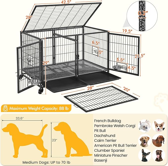 Yaheetech Stackable Dog Crate with Divider 43'' Rolling Heavy Duty Dog Cage with Open Top/ 2 Removable Trays for Small/Medium Dog