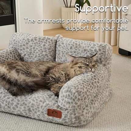 Hollypet Fluffy Plush Pet Cat Couch Soft Calming Pet Sofa Beds for Medium Small Cats and Dogs, Snow Leopard