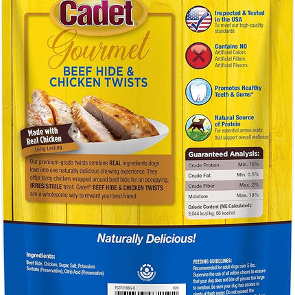 Cadet Gourmet Beef Hide Twist Chew Sticks, Long Lasting & Natural Chew Treats for Dogs, Inspected & Tested in USA, Chicken Flavor (14 Count)