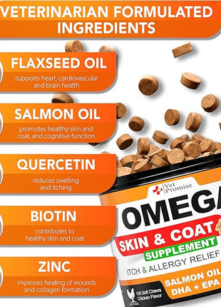 Omega 3 for Dogs - Skin and Coat Supplement - Fish Oil for Dogs Chews - Allergy and Itch Relief - Anti Shedding Supplement - Dry Skin Treatment - Salmon Oil - Made in USA - 120 Soft Treats