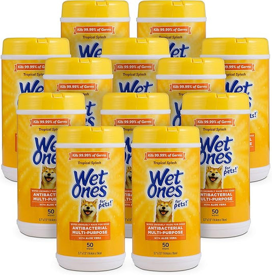 Wet Ones for Pets Multipurpose Dog Wipes with Aloe Vera, Tropical Splash Scent - Pet Bathing Wipes in Canister for Dog Paws & All Over Use, 50 Count - 12 Pack