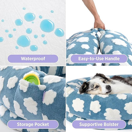 LE SURE Human Dog Bed for Adult - Calming Human Size Dog Bed with Egg Foam Supportive Mat and Storage Pocket, Cute Modern Pet Beds with Jacquard Shaggy Plush & Anti Slip Bottom 55x37x10, Blue