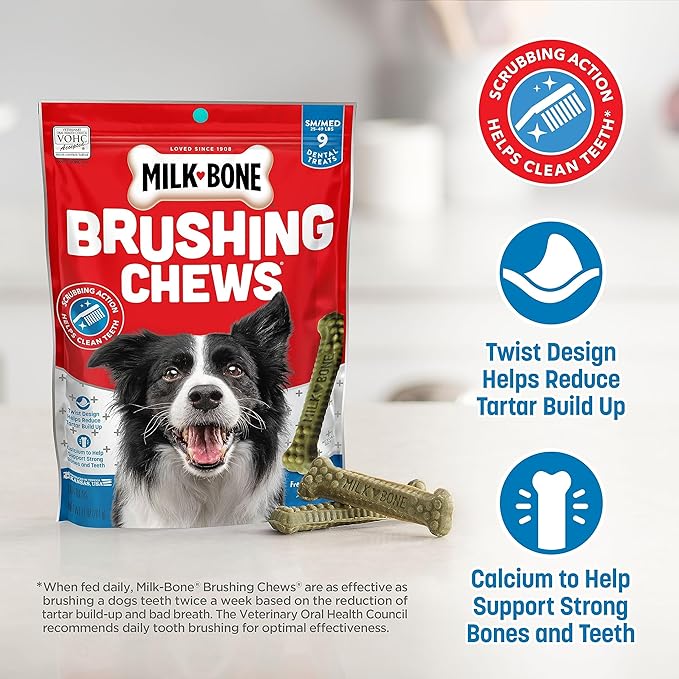 Milk-Bone Fresh Breath Brushing Chews, 9 Small/ Medium Daily Dental Dog Treats (Pack of 5) Scrubbing Action Helps Clean Teeth