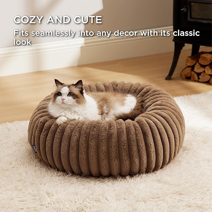 Bedsure Cat beds for Indoor Cats - Donut Dog Beds for Small Dogs with Corduroy Fleece & Anti Slip Bottom, Faux Fur Pet Beds with Washable Removable Cover, Camel Brown, 20x20x6 inches