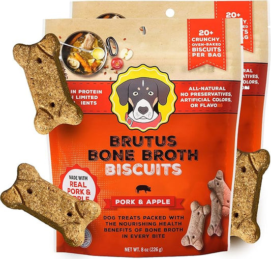 Brutus Bone Broth Biscuits (Pork and Apple) - Natural Dog Treats - Healthy Dog Biscuits with Real Pork, Bone Broth and Apple for Healthy Joints - 18 Grams of Protein - 8 OZ (Pack of 2)