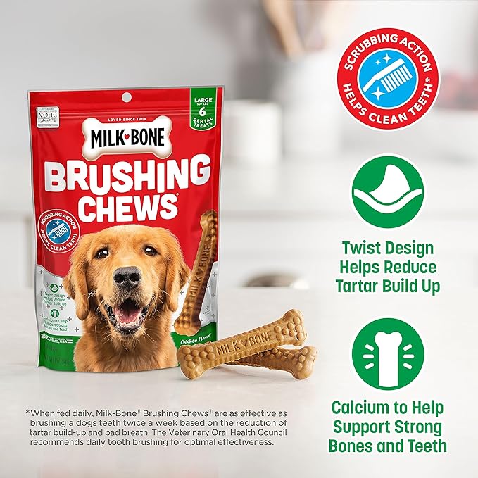 Milk-Bone Original Brushing Chews, 6 Large Daily Dental Dog Treats (Pack of 5) Scrubbing Action Helps Clean Teeth