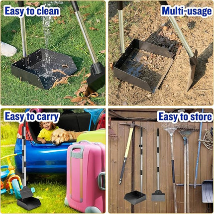 Pooper Scooper for Large Dogs, Adjustable Long Handle Metal Tray and Spade Poop Scooper for Dogs with Bin for Pet Waste Removal, No Bending Clean Up Pooper Scooper for Medium and Large Dogs