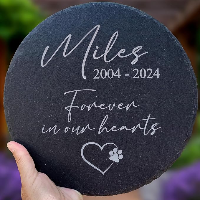 Personalized Pet Memorial Stone for Dogs and Cats | Custom Laser-Etched Weatherproof Garden Grave Marker | Natural Stone Bereavement Headstone Sympathy Gift | 4, 6, 10, or 12 Inch Heart or Circle Shape (A2)