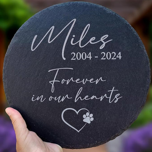 Personalized Pet Memorial Stone for Dogs and Cats | Custom Laser-Etched Weatherproof Garden Grave Marker | Natural Stone Bereavement Headstone Sympathy Gift | 4, 6, 10, or 12 Inch Heart or Circle Shape (A2)