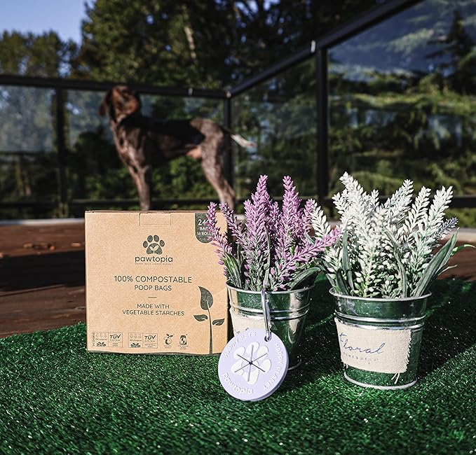 Pawtria Certified Home Compostable Dog Poop Bags (240 Bags + Lavender Carrier), Biodegradable Pet Waste Bags, Vegetable Starches, Leak proof Dog Waste Bags, Light-weight silicone made bag carrier