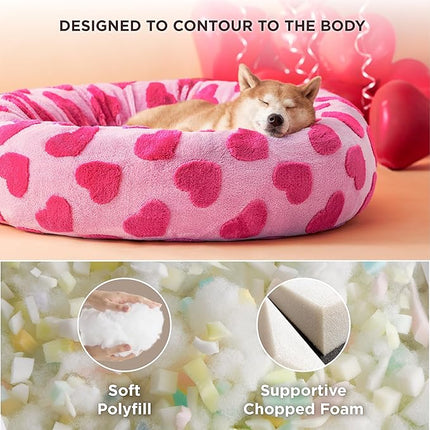 LE SURE Shown on TV Donut Large Dog Bed - XL Round Cat Beds Indoor Anti-Anxiety Calming Gift for Pets, Washable Cute Modern Beds with Jacquard Shaggy Plush & Anti Slip Bottom, 36 Inch, Heart Pink