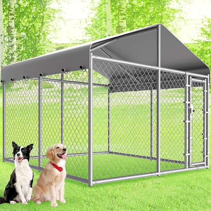 10 x 10 x 6 ft Outside Dog Kennel Outdoor Large with Roof, Enclosure with Roof, Outdoor Heavy Duty Dog Run Pens House Pet Playpen with Galvanized Chain Link