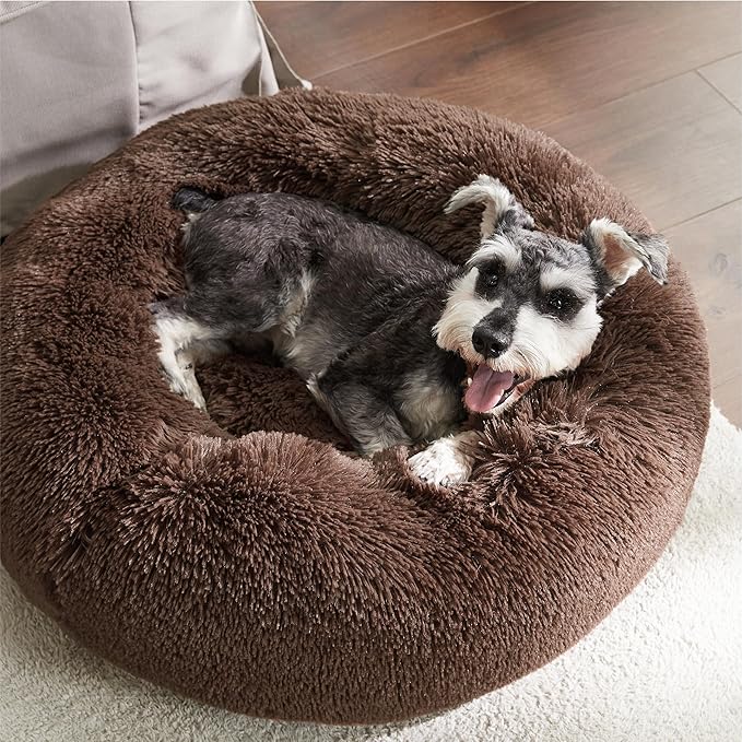 Bedsure Calming Dog Bed for Small Medium Dogs - Donut Washable Medium Pet Bed, 27 inches Anti-Slip Round Fluffy Plush Faux Fur Cat Bed, Coffee
