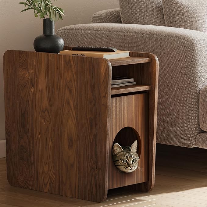 WERMO 12'' Cat Hideaway Side Table - Cat House for Indoor Cats and Enclosed Bed Cave and Hideout for Small Pets with Magazine Holder & Storage Doubling as Narrow End Table, Wood Night Stand (Walnut)