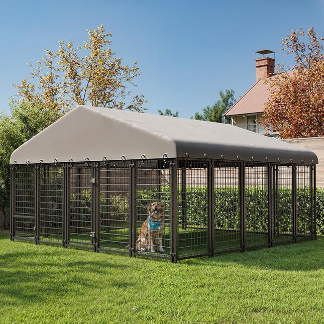 Large Dog Kennel Outside Heavy-Duty Outdoor Dog Cage with Roof and Double Lock - Spacious, Dog Crate for Pets with Feeding, 120"X117"