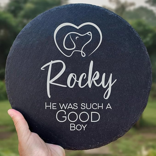 Personalized Pet Memorial Stone for Dogs and Cats | Custom Laser-Etched Weatherproof Garden Grave Marker | Natural Stone Bereavement Headstone Sympathy Gift | 4, 6, 10, or 12 Inch Heart or Circle Shape (A10)