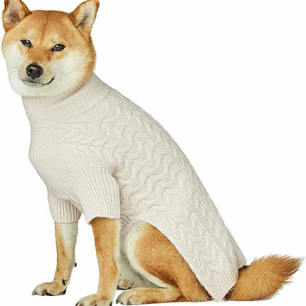 Blueberry Pet Classic Fuzzy Textured Knit Pullover Turtle-Neck Dog Sweater in Ivory, Back Length 20", Pack of 1 Clothes for Dogs