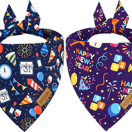 Happy New Year Dog Bandanas - 2 Pack Reversible Holiday Dog Scarf for Boy and Girl, Premium Durable Fabric, Bandana for Small and Medium Dogs (Small)