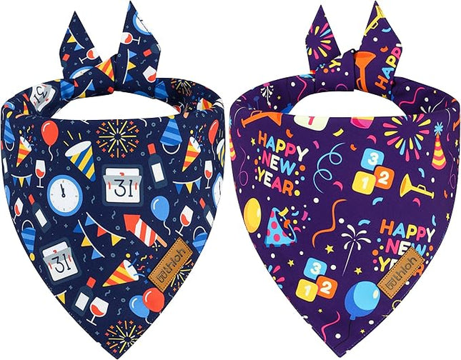 Happy New Year Dog Bandanas - 2 Pack Reversible Holiday Dog Scarf for Boy and Girl, Premium Durable Fabric, Bandana for Small and Medium Dogs (Small)