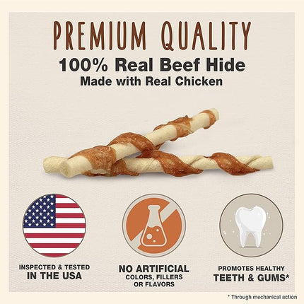 Cadet Gourmet 5-Inch Beef Hide Twist Chew Sticks, Long-Lasting and Natural Rawhide Chews for Dogs, Inspected & Tested in USA, Chicken Flavor, 50 Count