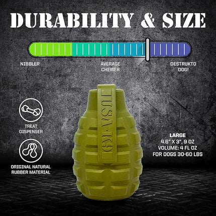 SodaPup USA-K9 Grenade – Durable Dog Treat Dispenser and Chew Toy Made in USA from Non-Toxic, Pet Safe, Food Safe Natural Rubber Material for Mental Stimulation, Problem Chewing, Calming Nerves & More