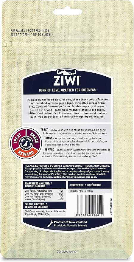 ZIWI Dog Chews and Treats – Venison Green Tripe - All Natural, Air-Dried, Single Protein, Grain-Free, High-Value Treat, Snack, Reward 2.4 Ounce (Pack of 1)