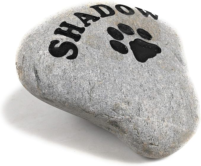 Personalized River Stone Pet Memorial Stones Headstone Grave Marker for Dog or Cat 8 inches to 10 inches Natural Rock Customized with Name and Paw Print