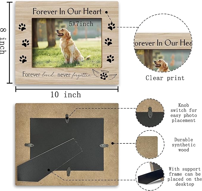 FONDCANYON Forever in Our Heart Pet Memory Picture Photo Frame,Pet Dog Cat Memorial Picture Frames,Pet Loss Sympathy Gift,Sympathy Gifts For Loss Of Dog,Passed Away Dog Memorial Gifts(5x7 Inch Photo)