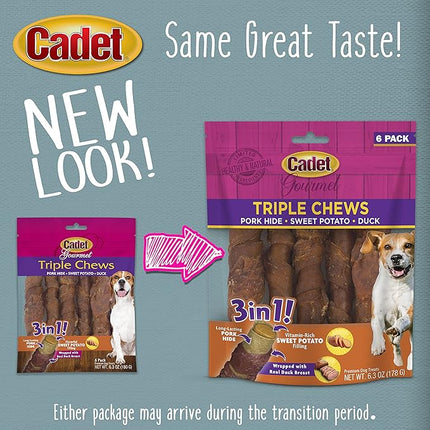 Cadet Gourmet Triple Chews Pork Hide, Sweet Potato, & Duck Dog Treats - Healthy Dog Treats for Small & Large Dogs - Inspected & Tested in USA (6 Count)