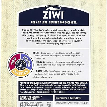 ZIWI Dog Chews and Treats – Lamb Ears - All Natural, Air-Dried, Single Protein, Grain-Free, High-Value Treat, Snack, Reward 2.1 Ounce (Pack of 1)