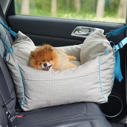 Lesure Small Dog Car Seat for Small Dogs - Waterproof Dog Booster Seat for Car with Storage Pockets and Clip-On Safety Leash and Thickened Memory Foam Filling, Pet Travel Carrier Bed Grey Grid