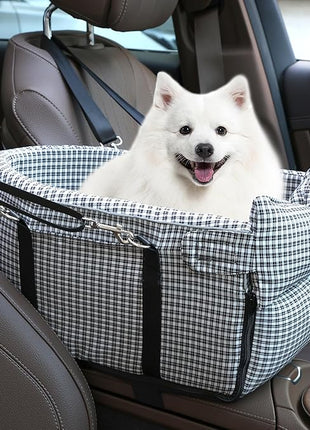 Center Console Dog Car Seat Dog Bed for Car Console Portable Armrest Booster Seat Carrier for Small Medium Dogs Anti-Collapse for Puppy Pet Up to 15 Lbs（Grid Black）