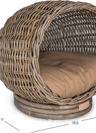 CBD1001A Socket Dome 19.5" x 17" Bohemian Handwoven Rattan Cat Bed with Machine-Washable Cushion, Kubu Gray