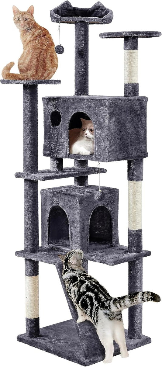 Yaheetech XL Cat Tree, 80in Multi-Level Tower With Scratching Posts, Double Caves, Perched Platforms and Dangling Balls, Stand House for Kittens Pet, Dark Gray