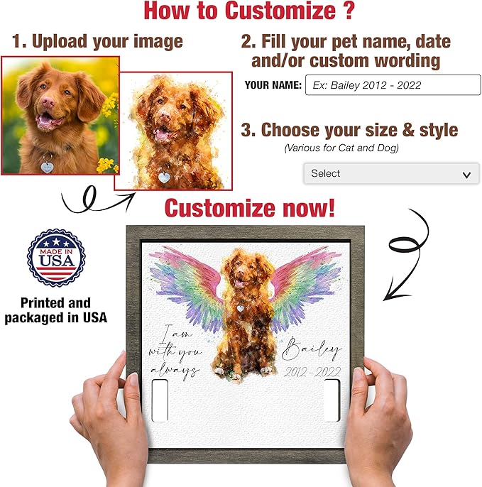 Personalized Pet Memorial Gifts Water Color Dog Angel Wings Picture Frame Pet Loss Gift Dog Custom Cat Picture Collar Frames Heartfelt Sentimental Quote Memorial Plaques Rainbow Bridge Pet