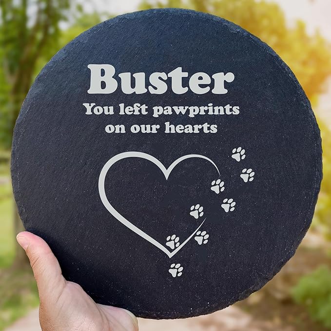 Personalized Pet Memorial Stone for Dogs and Cats | Custom Laser-Etched Weatherproof Garden Grave Marker | Natural Stone Bereavement Headstone Sympathy Gift | 4, 6, 10, or 12 Inch Heart or Circle Shape (A12)