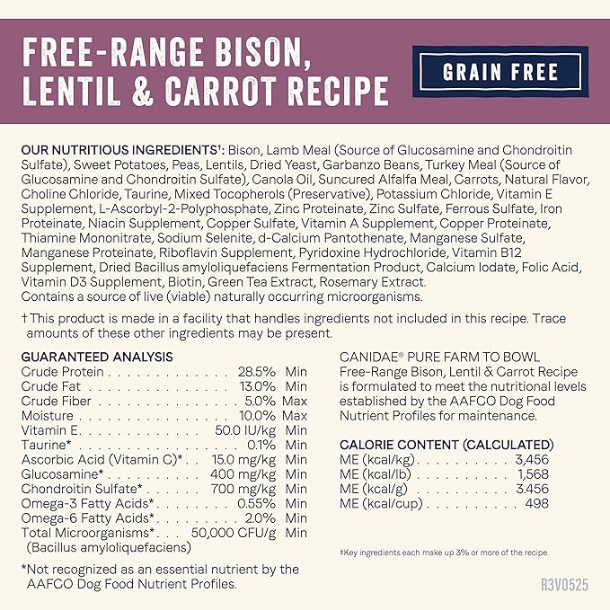 Canidae Pure Limited Ingredient Premium Adult Dry Dog Food, Real Bison, Lentil & Carrot Recipe, 21 lbs, Grain Free