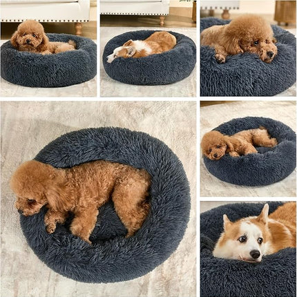 Dog Calming Beds for Small Medium Large Dogs - Round Donut Washable Puppy Dog Bed, Anti-Slip Faux Fur Fluffy Donut Cuddle Anxiety Cat Pet Bed(20" Dark Grey)