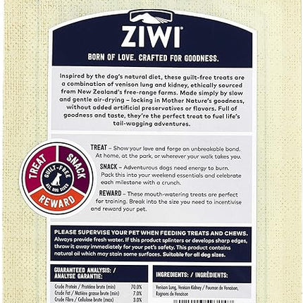 ZIWI Dog Chews and Treats – Venison Lung & Kidney - All Natural, Air-Dried, Single Protein, Grain-Free, High-Value Treat, Snack, Reward 2.1 Ounce (Pack of 1)