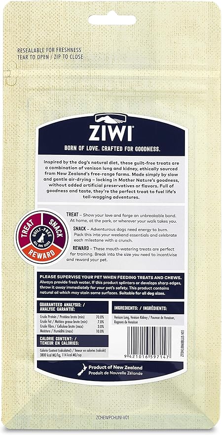 ZIWI Dog Chews and Treats – Venison Lung & Kidney - All Natural, Air-Dried, Single Protein, Grain-Free, High-Value Treat, Snack, Reward 2.1 Ounce (Pack of 1)