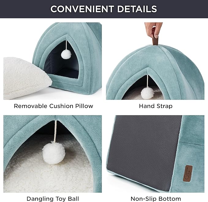 Bedsure Cat Beds for Indoor - 2 in 1 Cat Cave House Tent for Kittens and Small Pets with Removable Washable Cushioned Pillow, Foldable Kitten Hideaway with Non-Slip Bottom, Ocean Blue, 16 inches