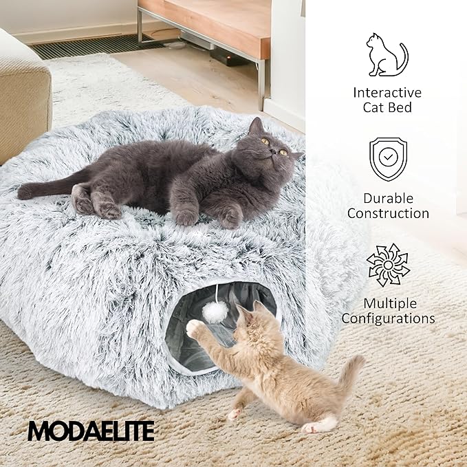 Cat Donut Bed with Washable Cushion – Cat Caves for Indoor Cats – Collapsible Donut Bed with Peekaboo Pet Tunnel Toy – Cozy Hideout for Kittens, Ferrets, Rabbits & Dogs - Grey