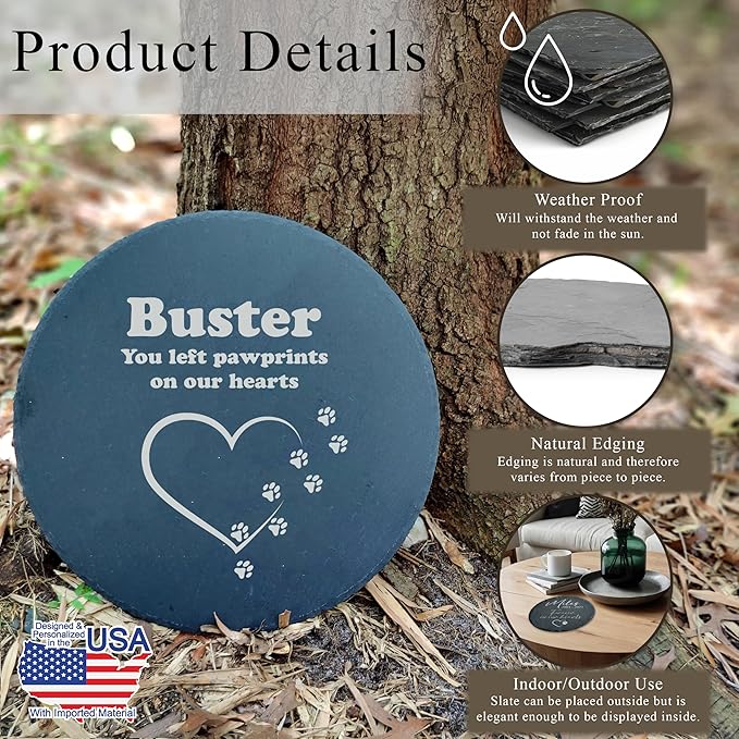 Personalized Pet Memorial Stone for Dogs and Cats | Custom Laser-Etched Weatherproof Garden Grave Marker | Natural Stone Bereavement Headstone Sympathy Gift | 4, 6, 10, or 12 Inch Heart or Circle Shape (A12)