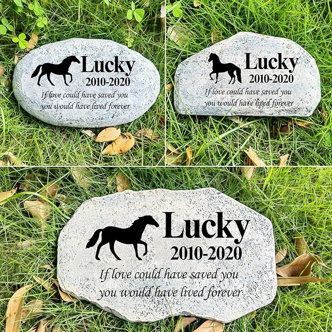 Zatanmulo Personalized Pet Memorial Stone, Garden Memorial Stone Personalized, Horse Headstone, Horse Tombstone, Memorial Plaque Outdoor, Garden Stepping Stone (Horse)