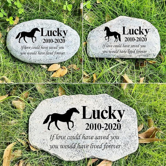 Zatanmulo Personalized Pet Memorial Stone, Garden Memorial Stone Personalized, Horse Headstone, Horse Tombstone, Memorial Plaque Outdoor, Garden Stepping Stone (Horse)